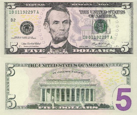미국이 지난 3월 선보인 5달러 짜리 지폐. 지폐의 뒷면 오른쪽 모퉁이 부분에 ‘5’자를 인쇄해, 시각장애인들이 손으로 만져 쉽게 구별할 수 있도록 했다. ⓒ2008 welfarenews