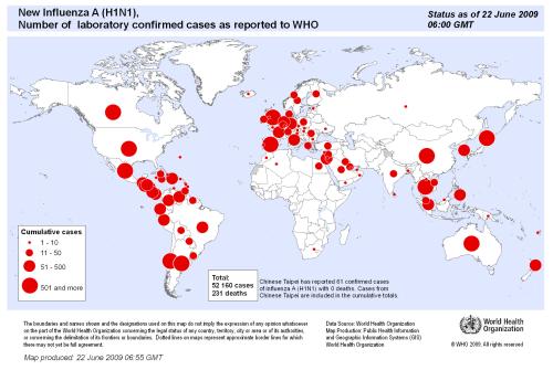 세계보건기구(WHO)가 발표한 신종플루 지도 ⓒ2009 welfarenews