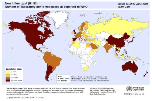 세계보건기구가 29일 발표한 신종플루 환자발생 지도 ⓒ2009 welfarenews