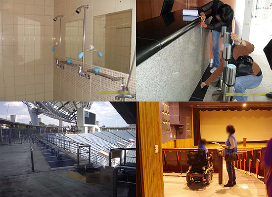 ▲ 문화체육시설. 왼쪽 위부터 시계방향 1.휠체어 사용자의 손이 닿지 않는 샤워기 2.휠체어 사용자 접근이 어려운 매표소 3.휠체어 사용자를 위한 관람석 4.멀리 떨어져 있는 장애인용 관람석