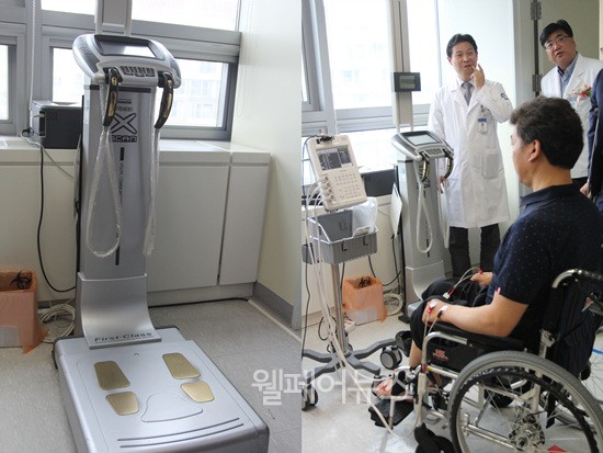 ▲ 기존 체지방 측정 기기는 모든 사람들이 서서 재야 했다. 이에 새로운 체지방 측정기기는 휠체어를 이용하는 사람들도 앉아서 체지방을 측정할 수 있다.
