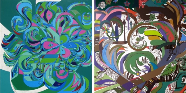(왼쪽부터) 꽃의 정원(Acrylic on canvas, 2015)과 동굴 포레스트(Acrylic on canvas, 2013) ⓒ서초구립 한우리정보문화센터 갤러리 활(活)