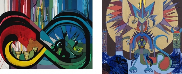 (왼쪽부터) 신과 함께(Acrylic on canvas, 2018)와 월광룡(Acrylic on canvas, 2014) ⓒ서초구립 한우리정보문화센터 갤러리 활(活)