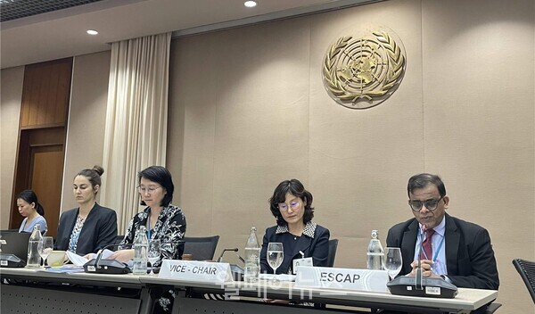 (오른쪽부터) 스리니바스 타타 에스캅 사회개발국장과 이리나 워킹그룹회의 부의장, 차이 차이 에스캅 성평등·사회통합부장. ⓒUN ESCAP