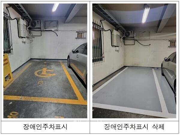 위 사진은 좌측은 장애인주차구역 표지가 있는 주차공간, 우측은 장애인주차구역 표지가 삭제된 주차공간을 보여줍니다. 좌측의 주차공간에는 노란색 휠체어 심볼이 선명하게 그려져 있고, 우측의 주차공간은 일반 주차 공간으로 변경되어 휠체어 심볼이 사라졌습니다.. ⓒ국민권익위원회