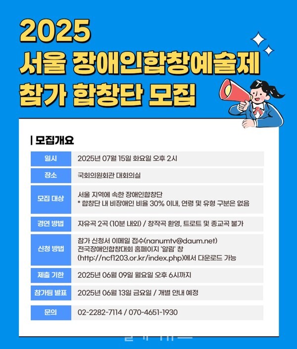 2025 서울 장애인합창예술제 참가 합창단 모집 0 모집개요 일시 2025년 07월 15일 화요일 오후 2시 장소 국회의원회관 대회의실 서울 지역에 속한 장애인합창단 모집대상 '합창단 내 비장애인 비율 30% 이내, 연령 및 유형 구분은 없음 경연 방법 자유곡 2곡 (10분 내외) / 창작곡 환영, 트로트 및 종교곡 불가 신청 방법 제출기한 참가 신청서 이메일 접수(nanumtv@daum.net) 전국장애인합창대회 홈페이지 '알림' 창 (http://ncf1203.or.kr/index.php)에서 다운로드 가능 2025년 06월 09일 월요일 오후 6시까지 참가팀 발표 2025년 06월 13일 금요일 / 개별 안내 예정 문의 02-2282-7114/070-4651-1930