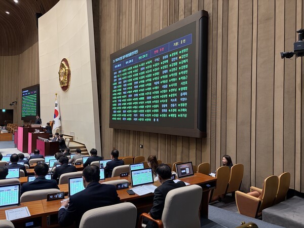 학교보건법_일부개정법률안 통과 당시의 모습이다 의원들이 화면을 보고 있다.